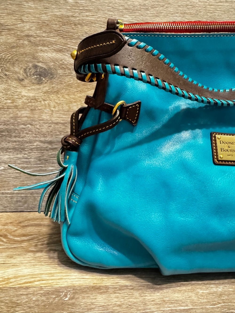 Dooney Florentine Toledo whipstitch hobo turquoise teal Shoulder bag tassels - Picture 4 of 16